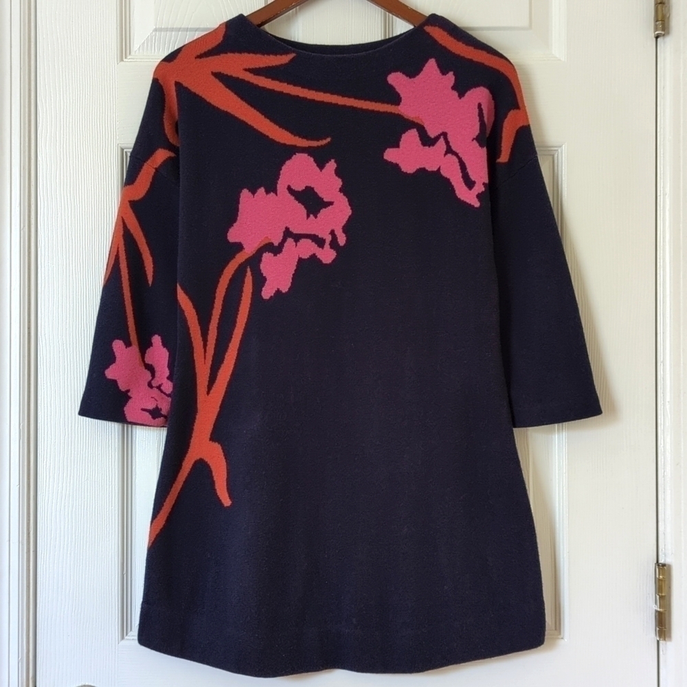 Field Flower Anthropologie Megara Floral Quarter Sleeve Tunic Sweater Navy XS
